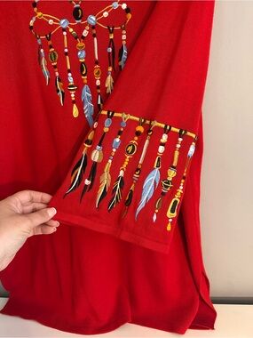 Bob Mackie Wearable Art - Red Embroidered Cardigan, 3/4 Sleeves, Size L